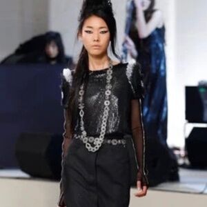 Circa Chanel 2008 Runway Sequin Black Silk top Sz 38